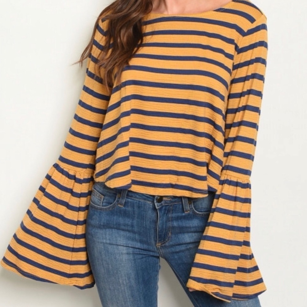 Loveriche mustard & navy strip bell sleeve top